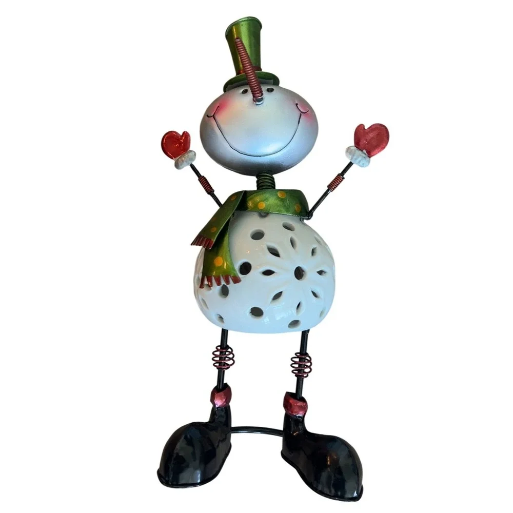 Vintage Pier 1 Snowman Bobblehead Candle Holder Tealight‎ Metal Statue Christmas